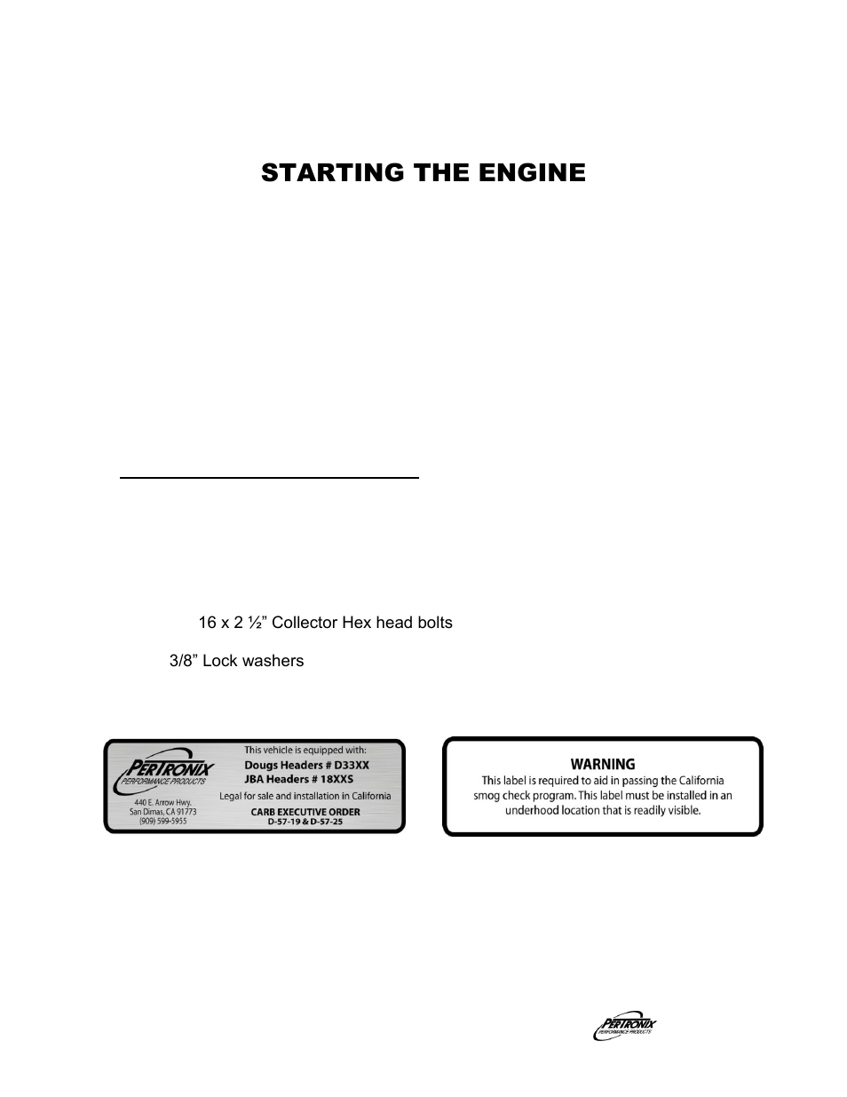Starting the engine, Parts list | PerTronix Dougs Headers D3332 User Manual | Page 3 / 3