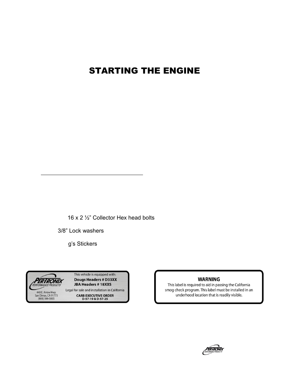 Starting the engine, Parts list | PerTronix Dougs Headers D3333 User Manual | Page 3 / 3