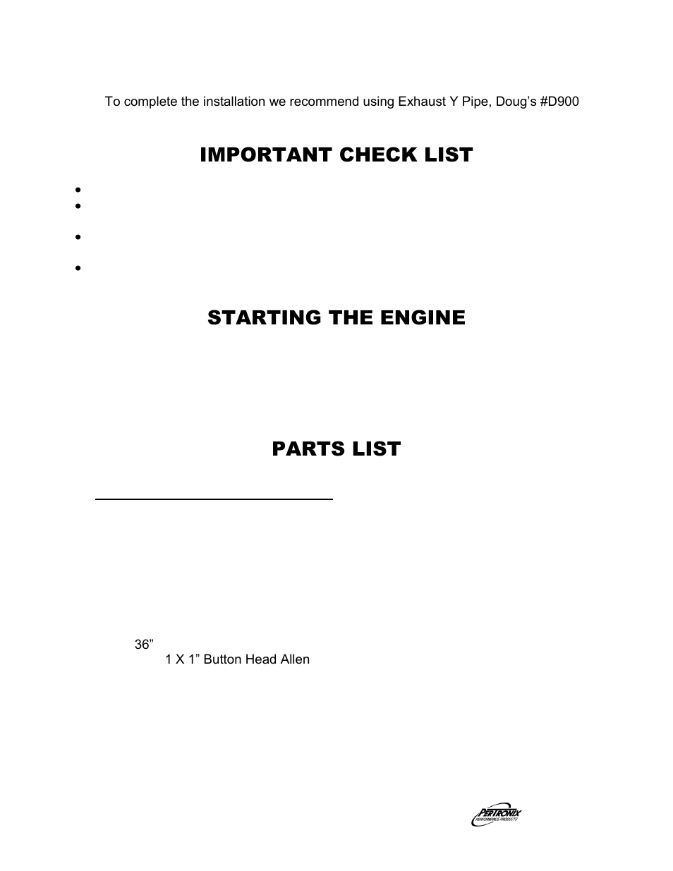 Important check list, Starting the engine, Parts list | PerTronix Dougs Headers D3340 User Manual | Page 3 / 3