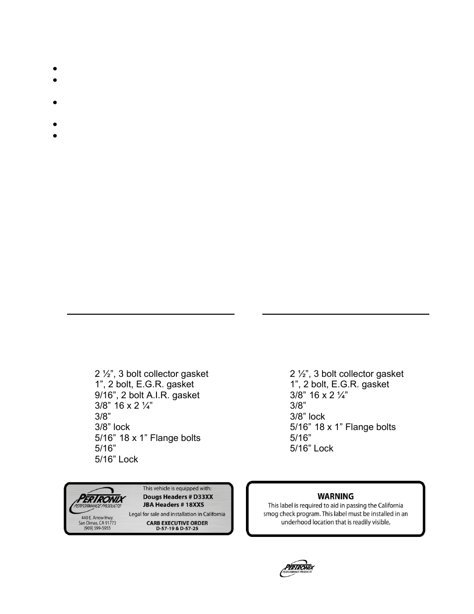 Important check list, Start the engine, Parts list | PerTronix Dougs Headers D3353-3 User Manual | Page 3 / 3