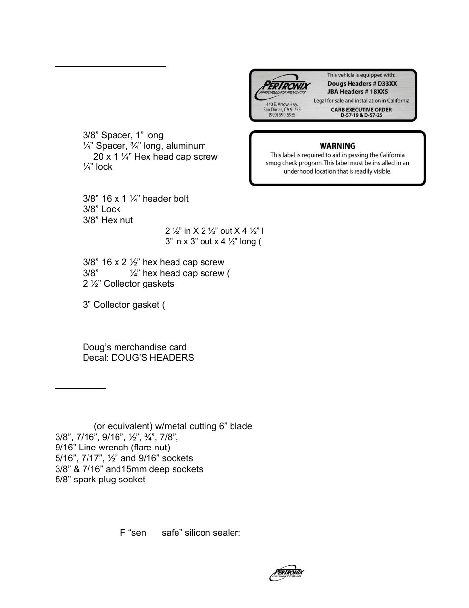 Parts / hardware list, Tools / lubricants / sealers required list | PerTronix Dougs Headers D3364Y-6 User Manual | Page 4 / 8