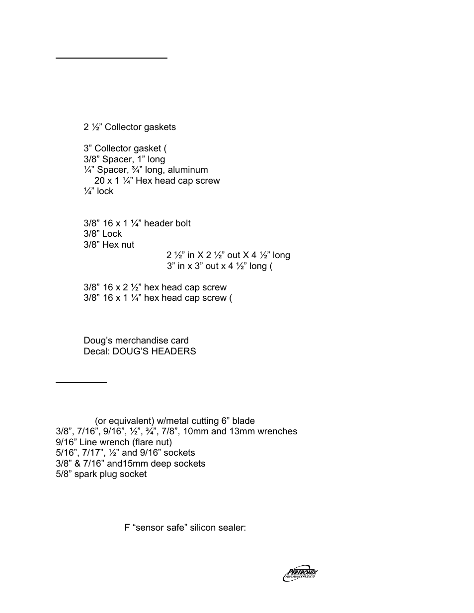 Parts / hardware list, Tools / lubricants / sealers required list | PerTronix Dougs Headers D3367Y-4 User Manual | Page 4 / 8