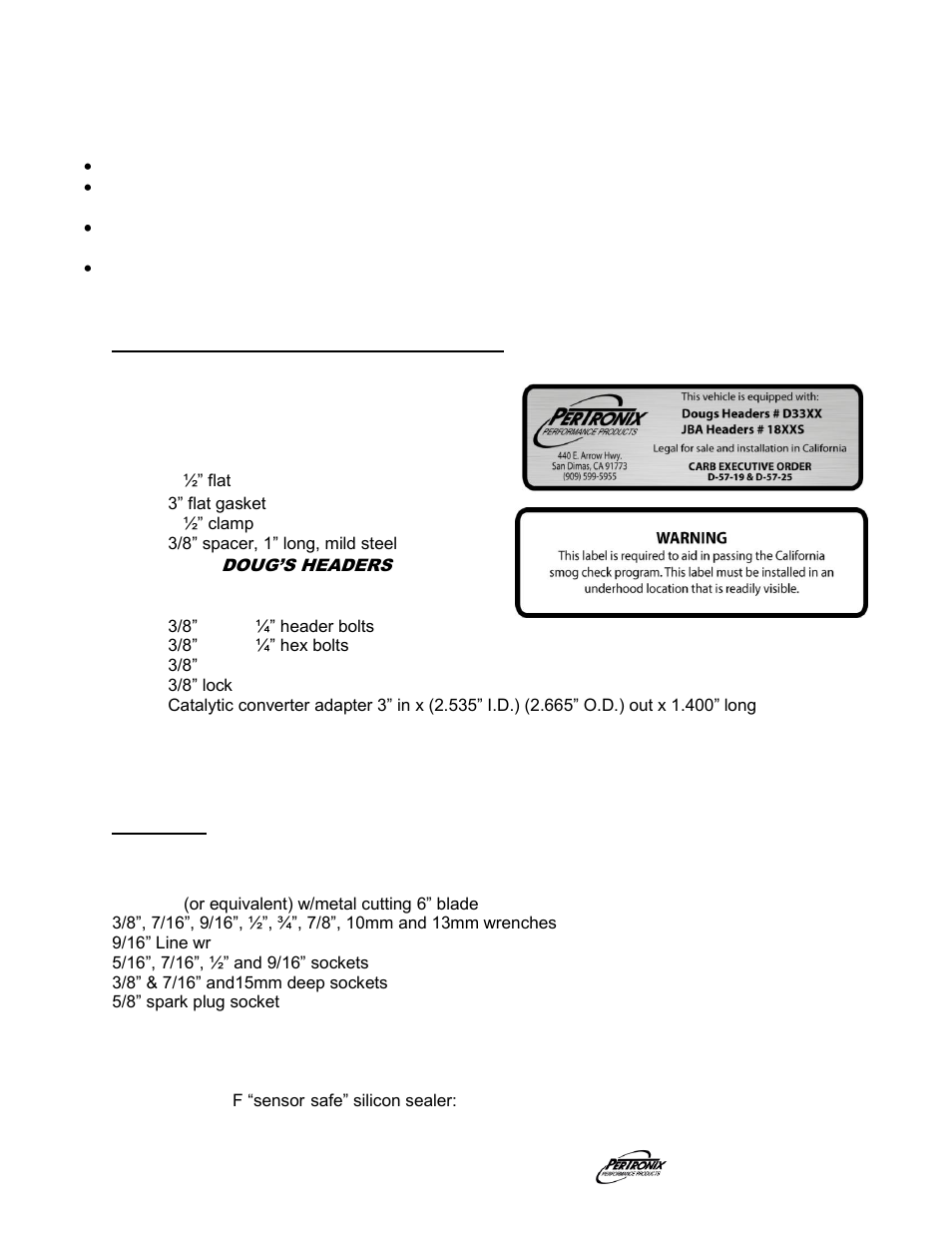 Important check list, Parts list, Tools / lubricants / sealers required list | PerTronix Dougs Headers D3383-2 User Manual | Page 3 / 4