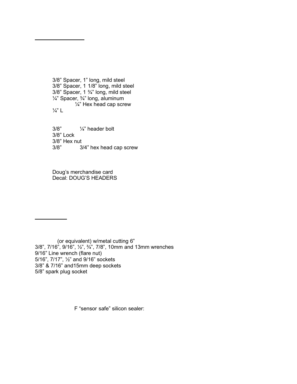 Parts / hardware list, Tools / lubricants / sealers required list | PerTronix Dougs Headers D3385Y-1 User Manual | Page 4 / 7