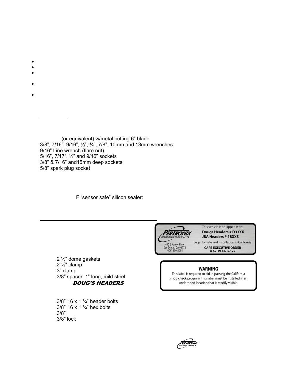 Important check list, Tools / lubricants / sealers required list, Parts list | PerTronix Dougs Headers D3386 User Manual | Page 3 / 4