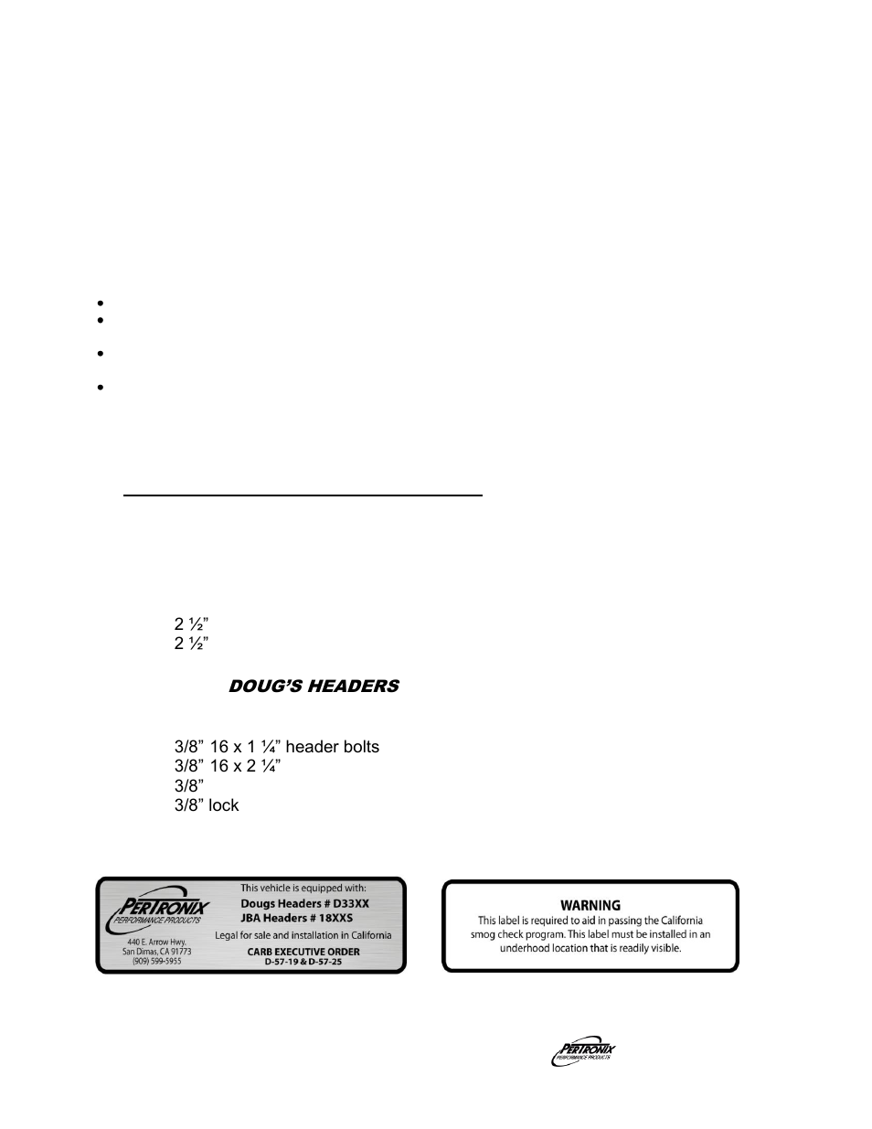 Start the engine, Important check list, Parts list | PerTronix Dougs Headers D3388-SP User Manual | Page 3 / 3