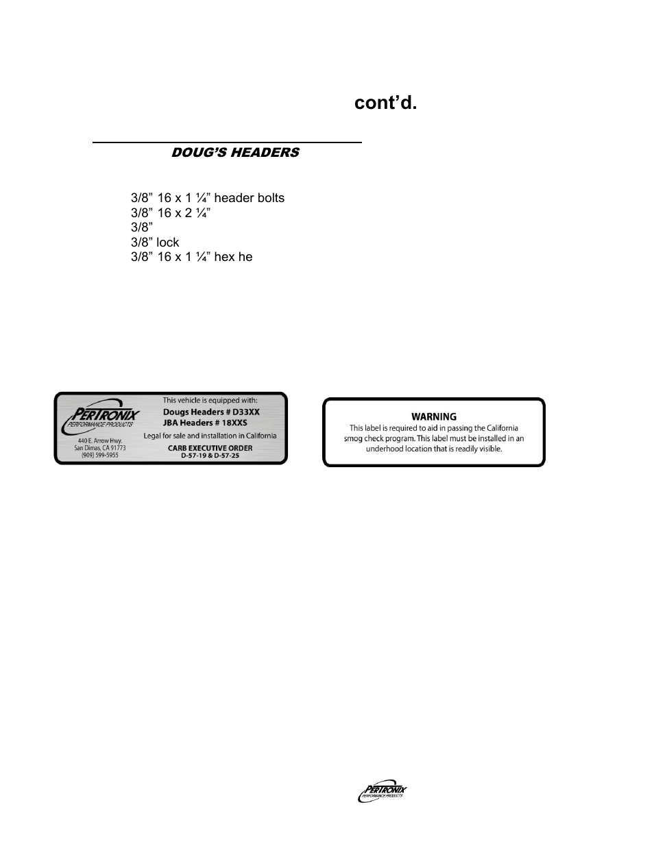 Parts list cont’d | PerTronix Dougs Headers D3389-SP User Manual | Page 4 / 4