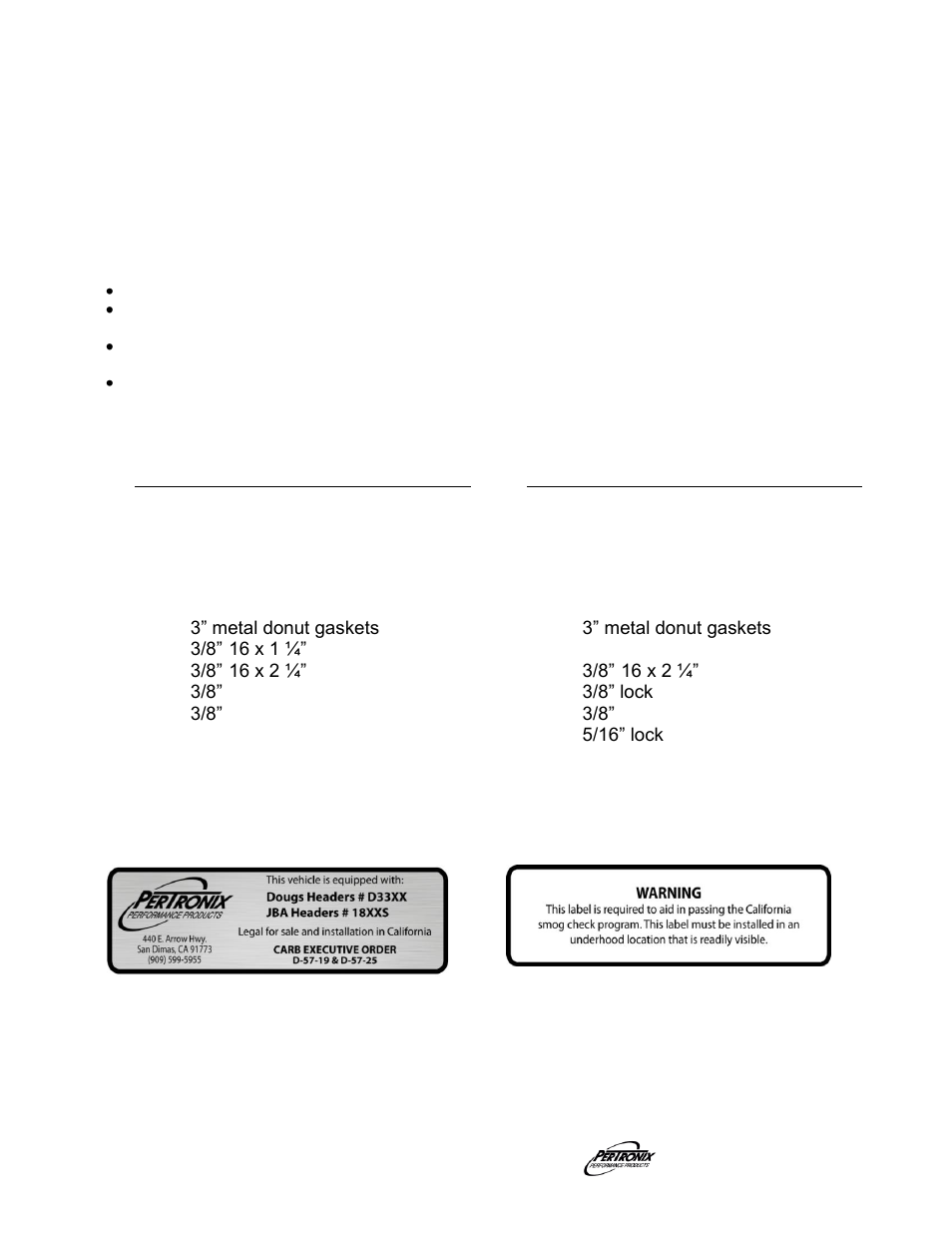 Parts list, Start the engine, Important check list | PerTronix Dougs Headers D3398-SP User Manual | Page 3 / 3