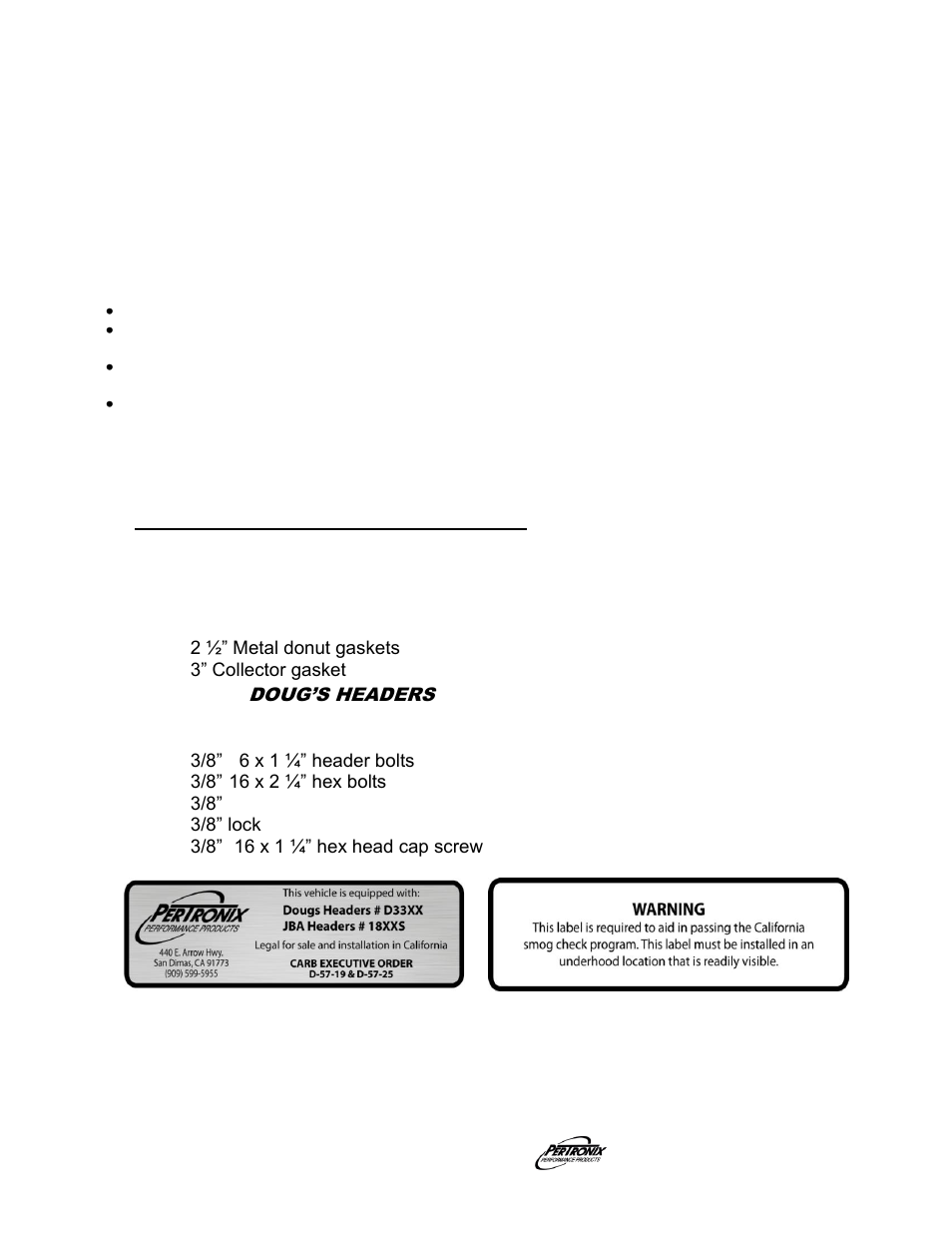 Start the engine, Important check list, Parts list | PerTronix Dougs Headers D3399Y-2SP User Manual | Page 4 / 4