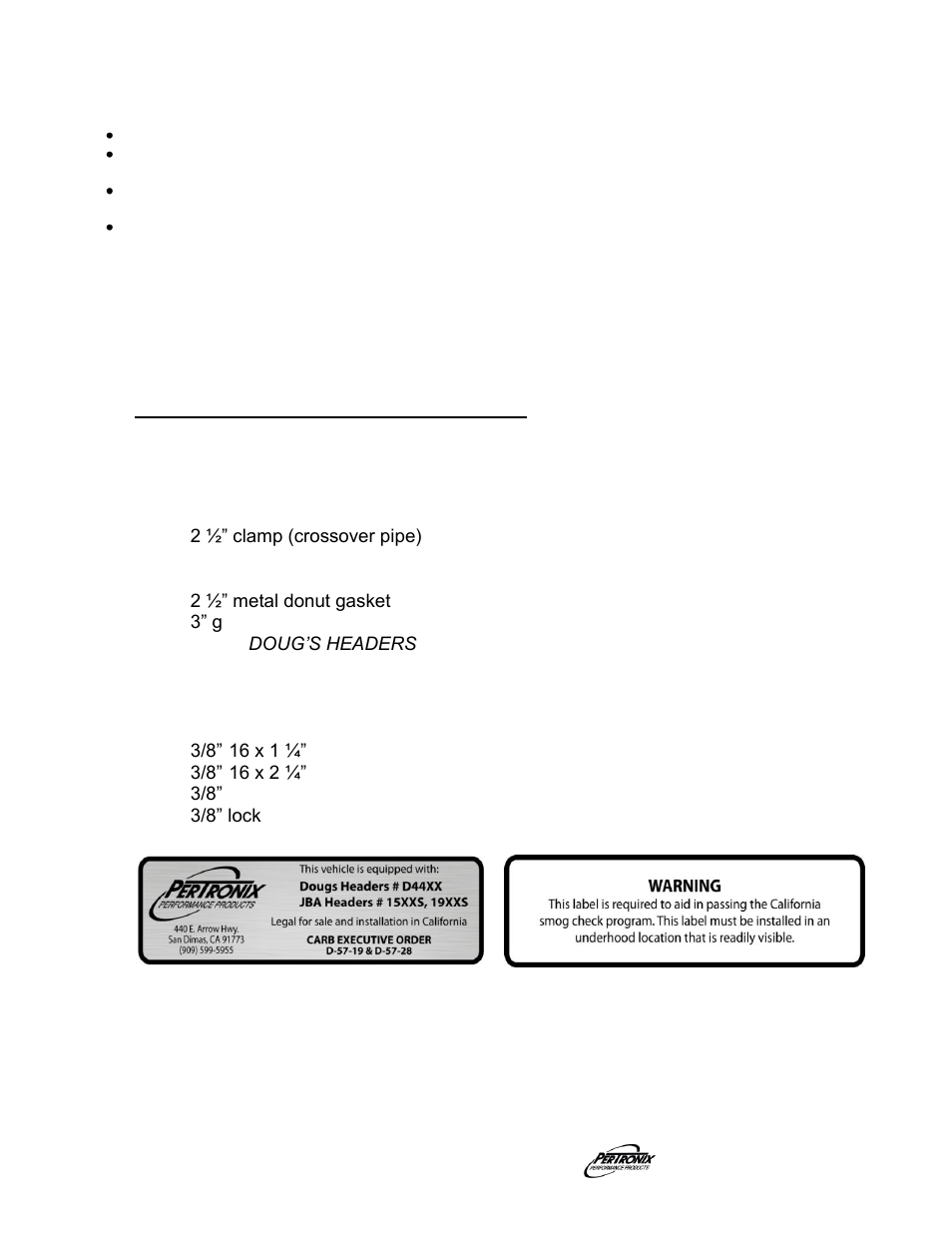 Important check list, Parts list | PerTronix Dougs Headers D4456 User Manual | Page 3 / 3