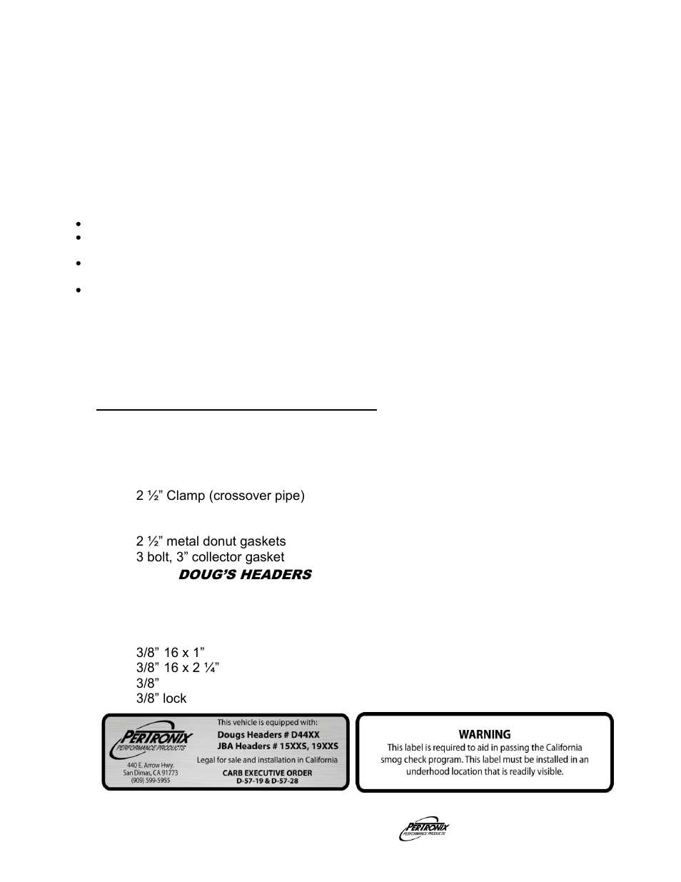 Start the engine, Important check list, Parts list | PerTronix Dougs Headers D4458 User Manual | Page 3 / 3