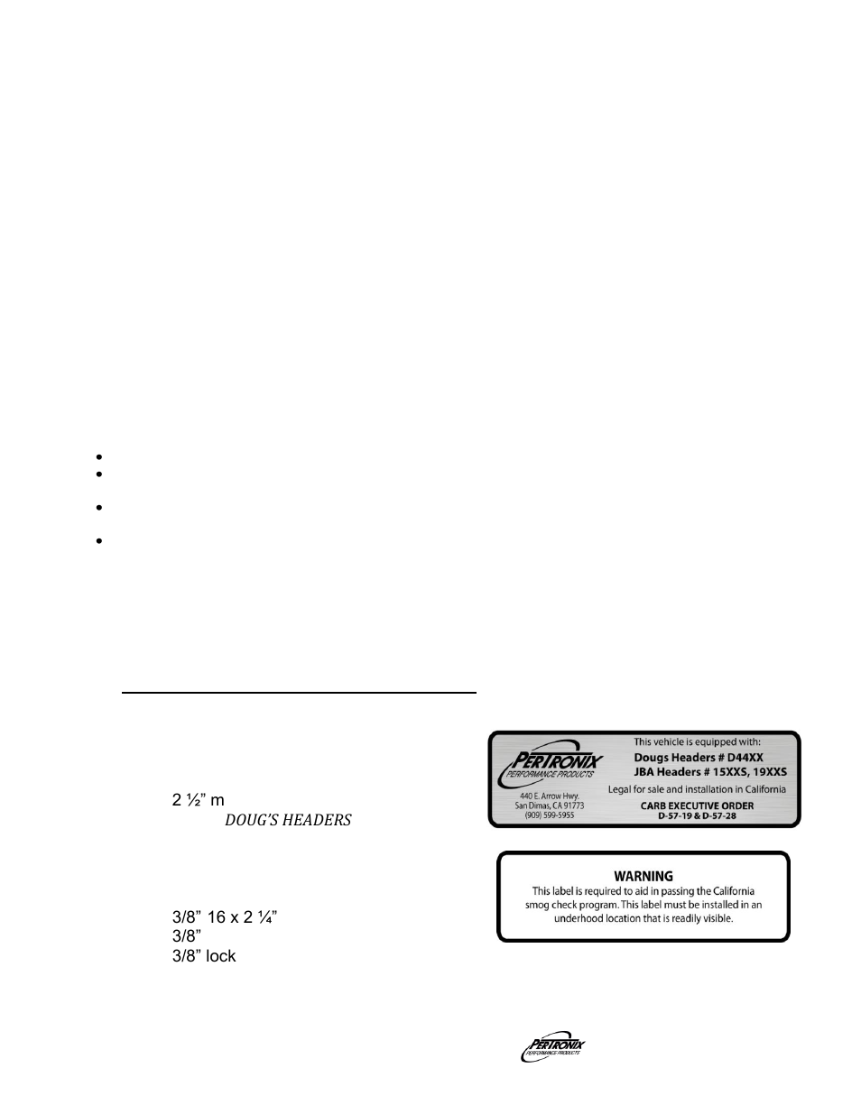 Start the engine, Important check list, Parts list | PerTronix Dougs Headers D4459 User Manual | Page 3 / 3