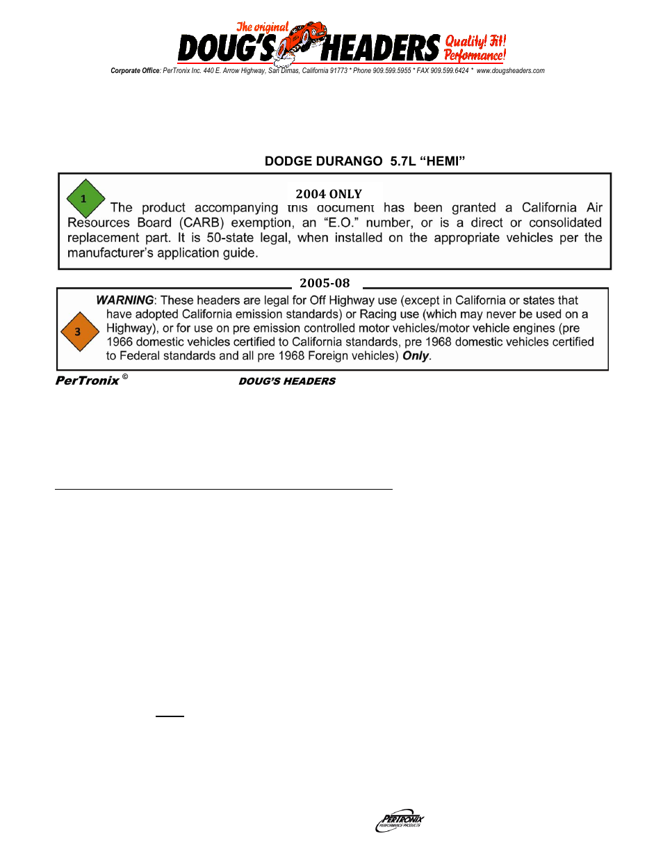 PerTronix Dougs Headers D4476 User Manual | 3 pages