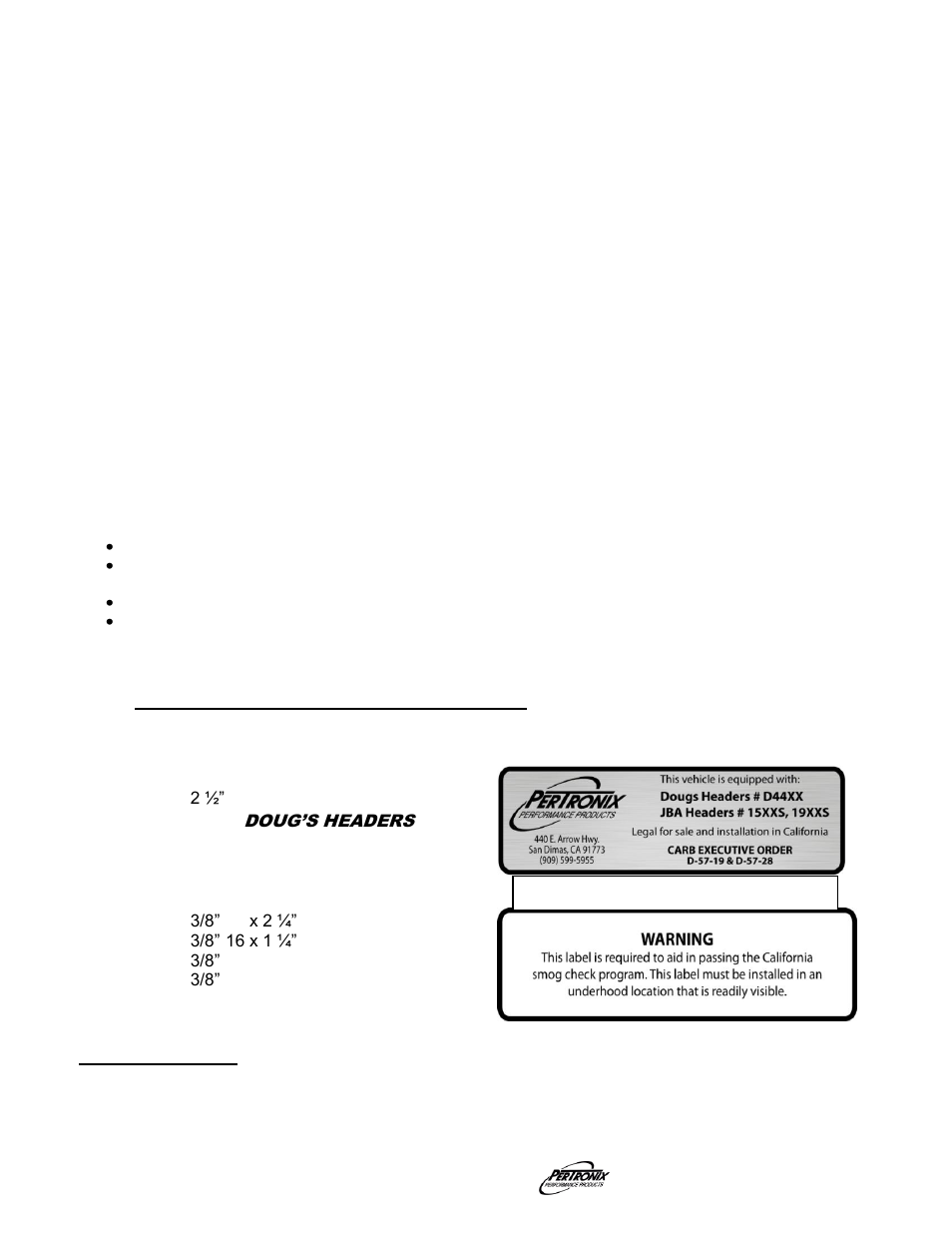 Start the engine, Important check list, Parts list | PerTronix Dougs Headers D4476 User Manual | Page 3 / 3