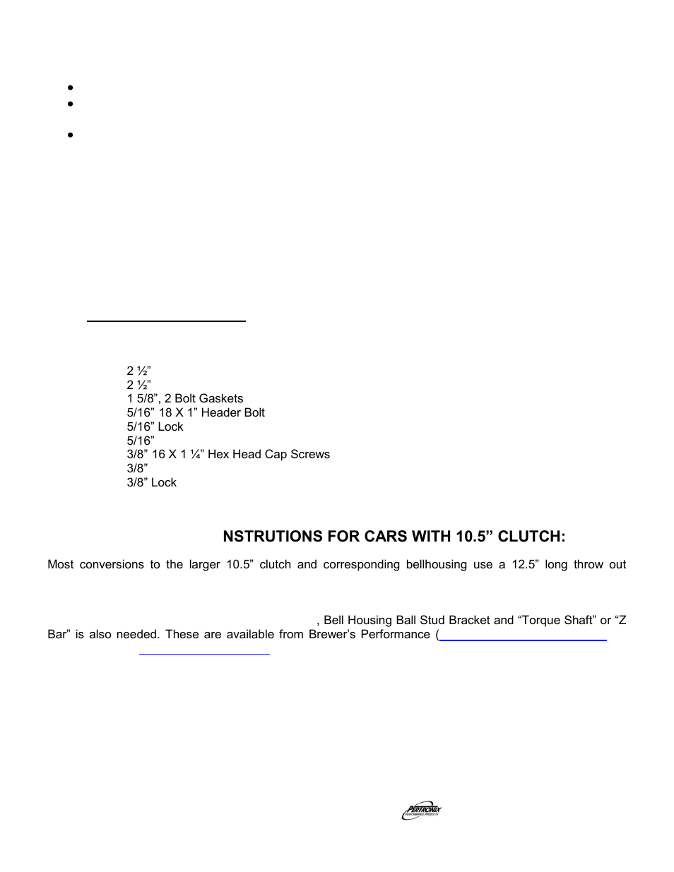 Important check list, Start the engine, Parts list | Special i nstrutions for cars with 10.5” clutch | PerTronix Dougs Headers D450 User Manual | Page 4 / 4