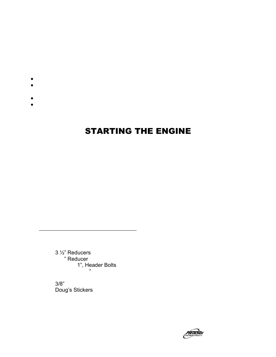 Important check list, Starting the engine, Parts list | PerTronix Dougs Headers D522 User Manual | Page 3 / 3