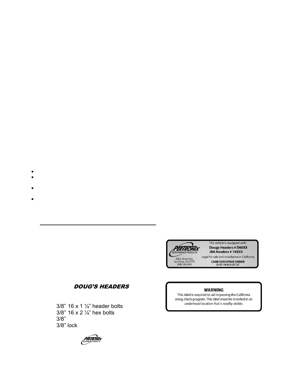 Start the engine, Important check list, Parts list | PerTronix Dougs Headers D6614Y-1SP User Manual | Page 3 / 3