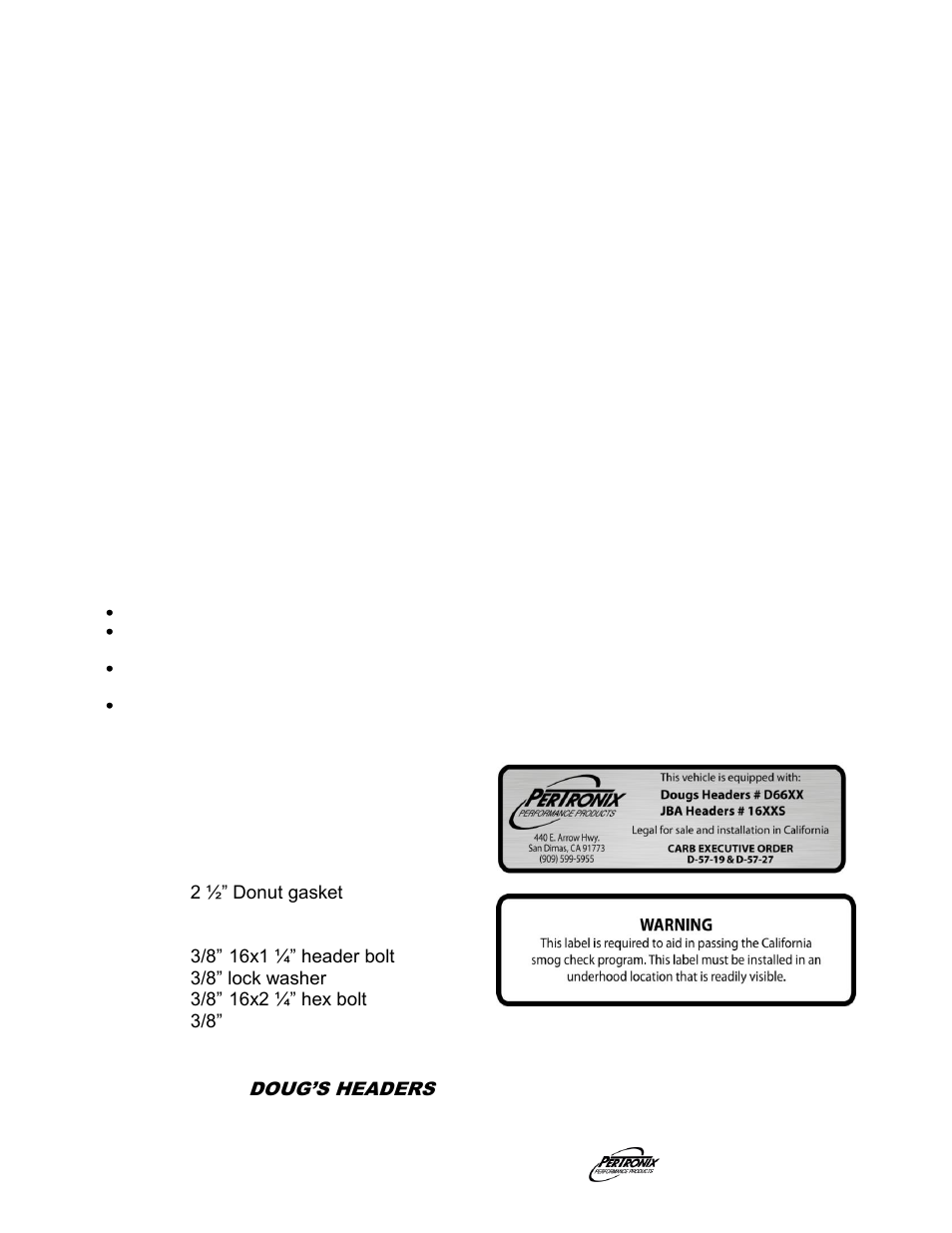 Start the engine, Important check list, Parts list | PerTronix Dougs Headers D6614Y-6SP User Manual | Page 3 / 3