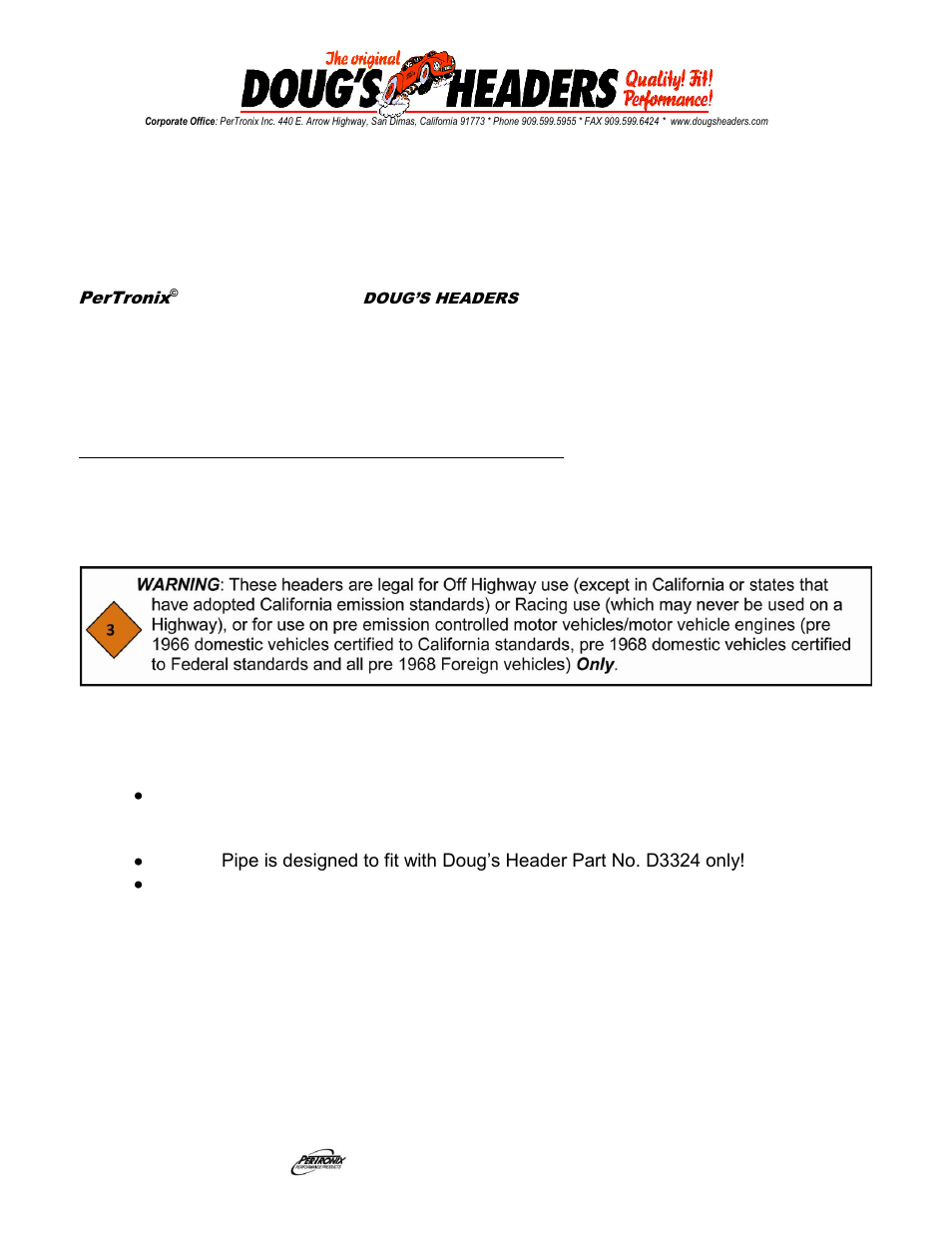 PerTronix Dougs Headers D920 User Manual | 2 pages