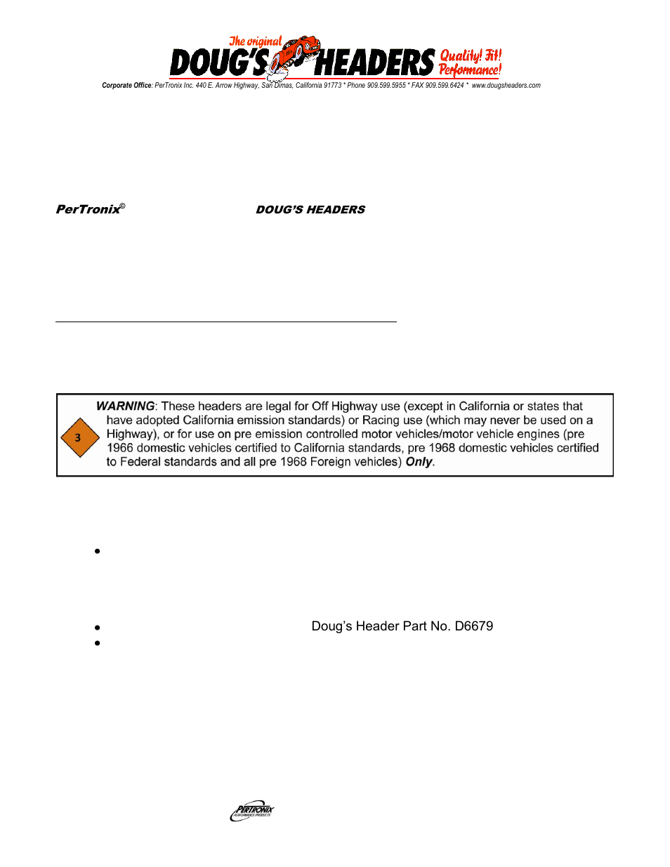 PerTronix Dougs Headers D921 User Manual | 2 pages