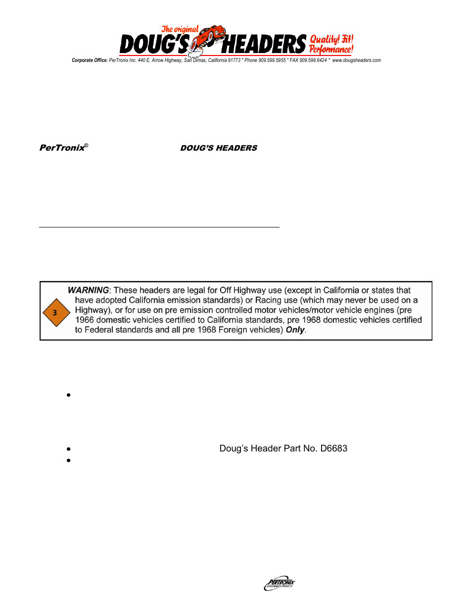 PerTronix Dougs Headers D924 User Manual | 2 pages