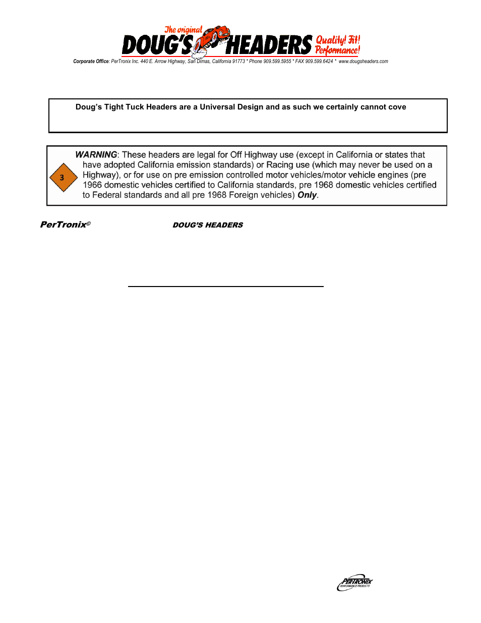 PerTronix Dougs Tight Tuck Headers User Manual | 2 pages