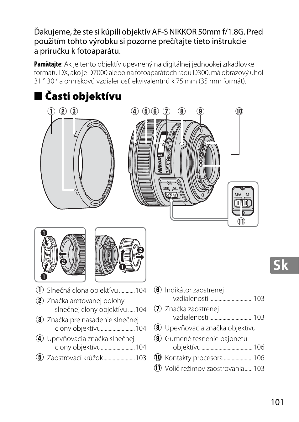 Časti objektívu | Nikon 50mm-f-18G-AF-S-Nikkor User Manual | Page 101 / 164