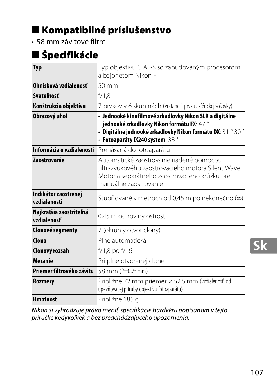 Kompatibilné príslušenstvo, Špecifikácie | Nikon 50mm-f-18G-AF-S-Nikkor User Manual | Page 107 / 164