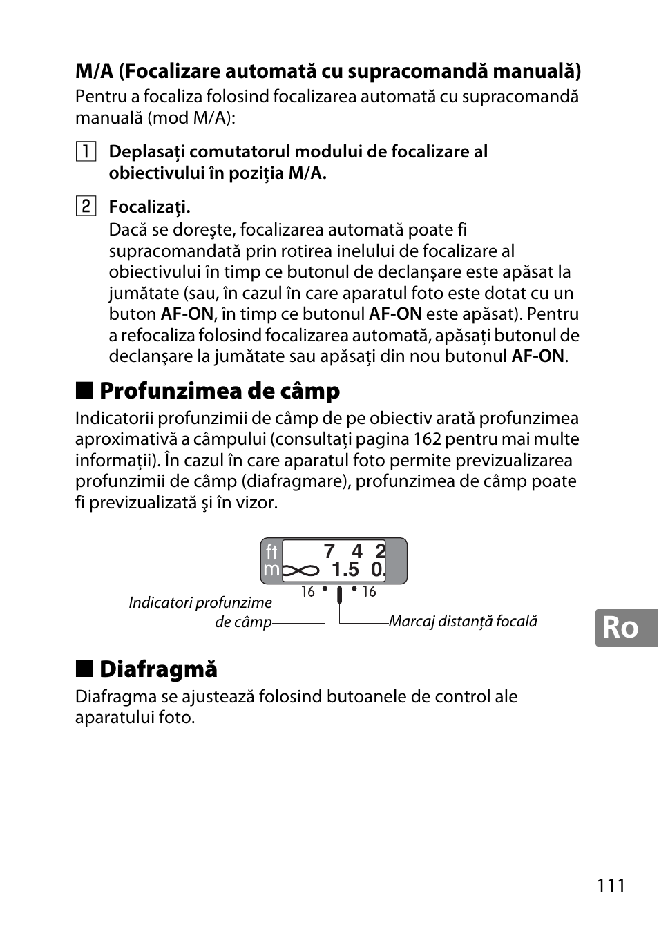M/a (focalizare automată cu supracomandă manuală), Profunzimea de câmp, Diafragmă | Nikon 50mm-f-18G-AF-S-Nikkor User Manual | Page 111 / 164