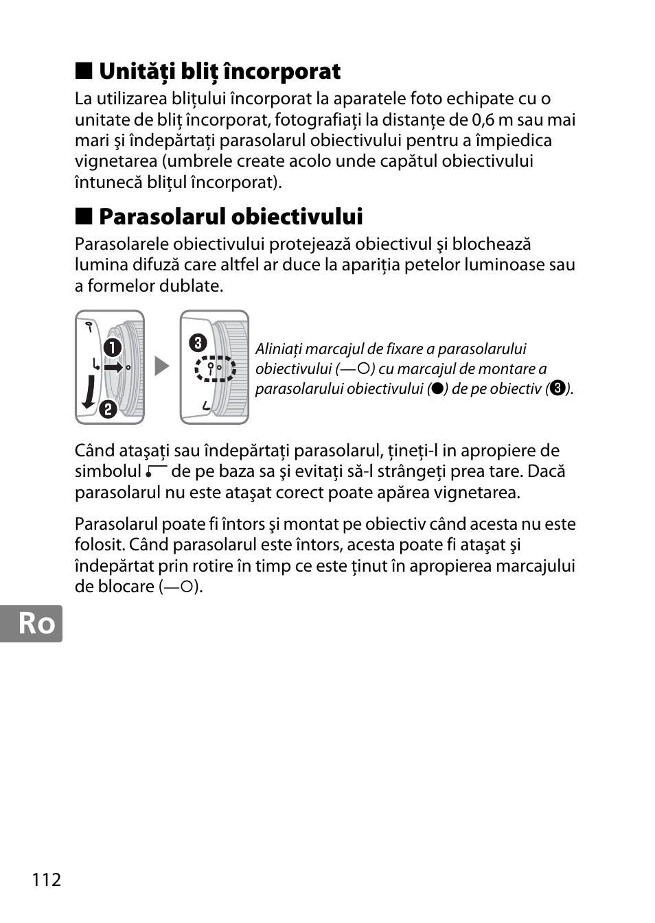 Unităţi bliţ încorporat, Parasolarul obiectivului | Nikon 50mm-f-18G-AF-S-Nikkor User Manual | Page 112 / 164