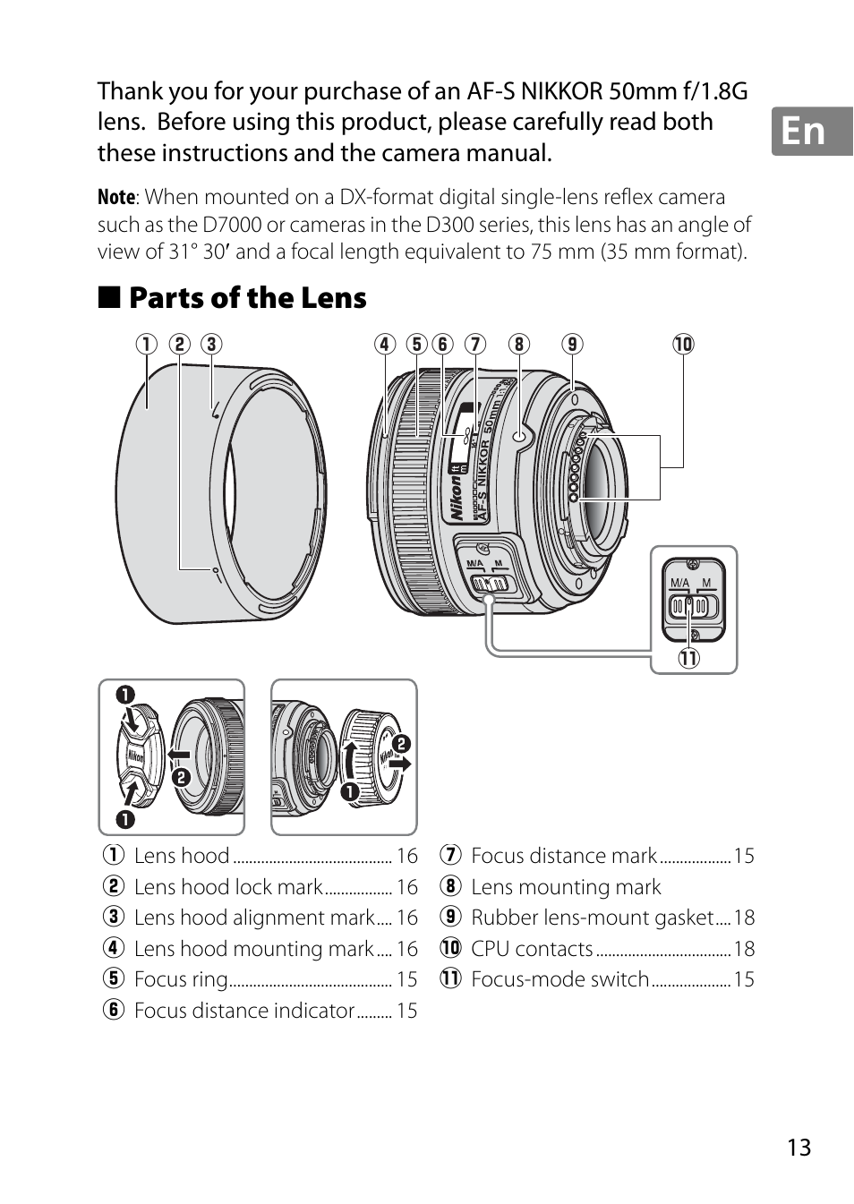Parts of the lens | Nikon 50mm-f-18G-AF-S-Nikkor User Manual | Page 13 / 164