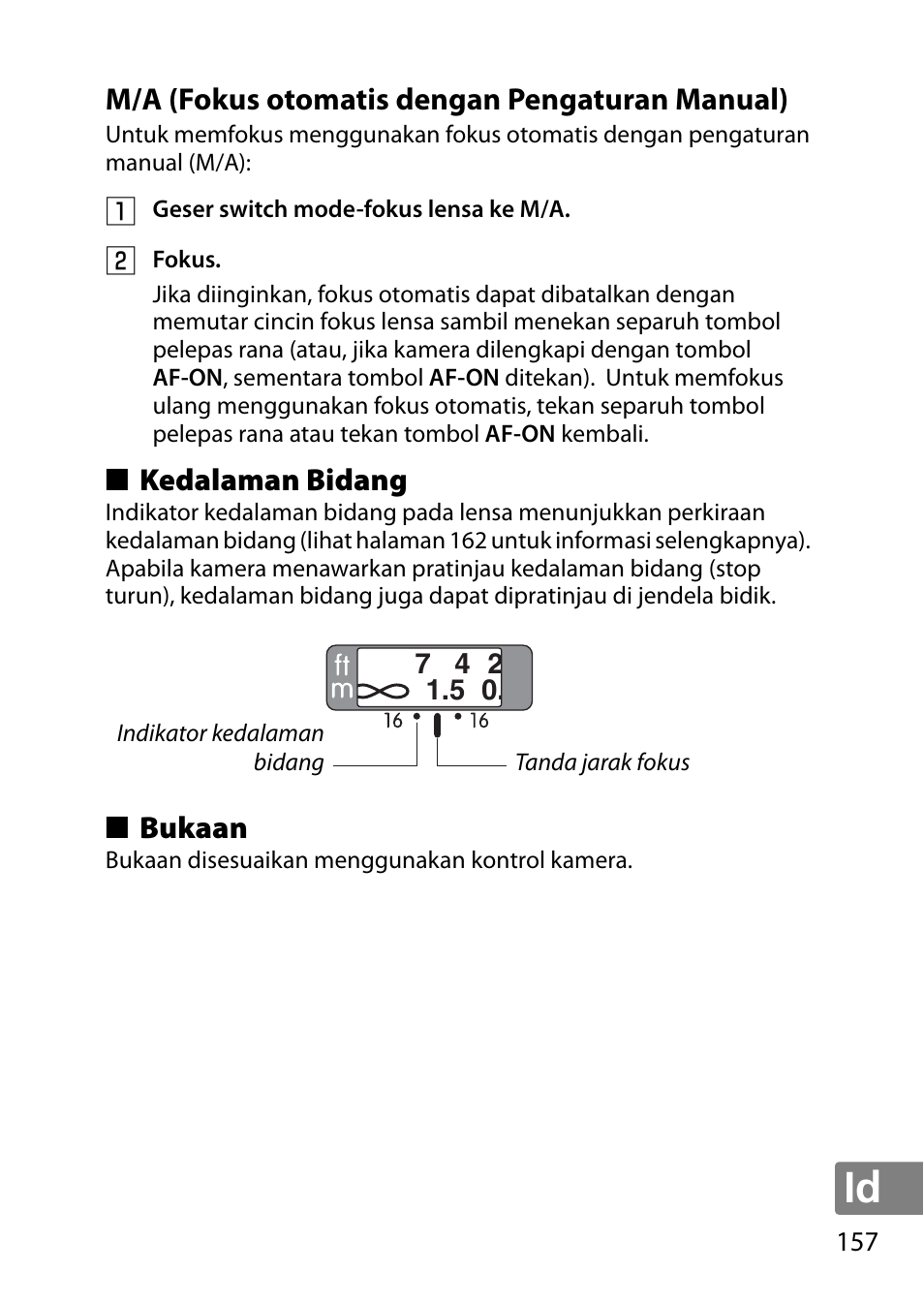 M/a (fokus otomatis dengan pengaturan manual), Kedalaman bidang, Bukaan | Nikon 50mm-f-18G-AF-S-Nikkor User Manual | Page 157 / 164