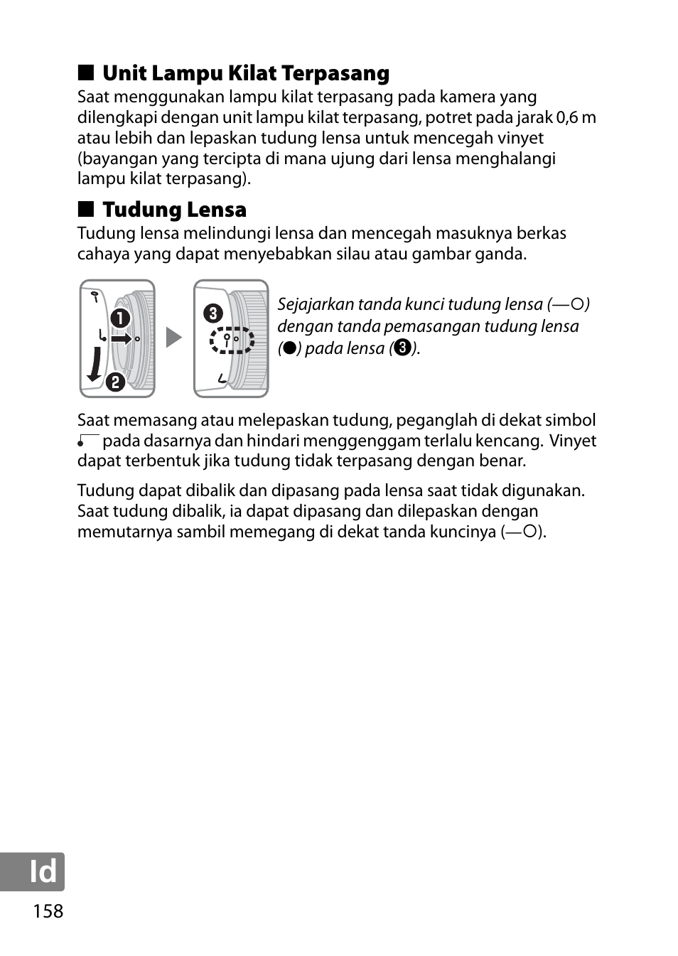 Unit lampu kilat terpasang, Tudung lensa | Nikon 50mm-f-18G-AF-S-Nikkor User Manual | Page 158 / 164