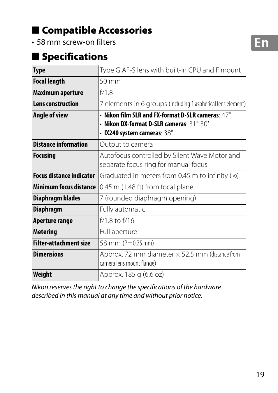 Compatible accessories, Specifications | Nikon 50mm-f-18G-AF-S-Nikkor User Manual | Page 19 / 164
