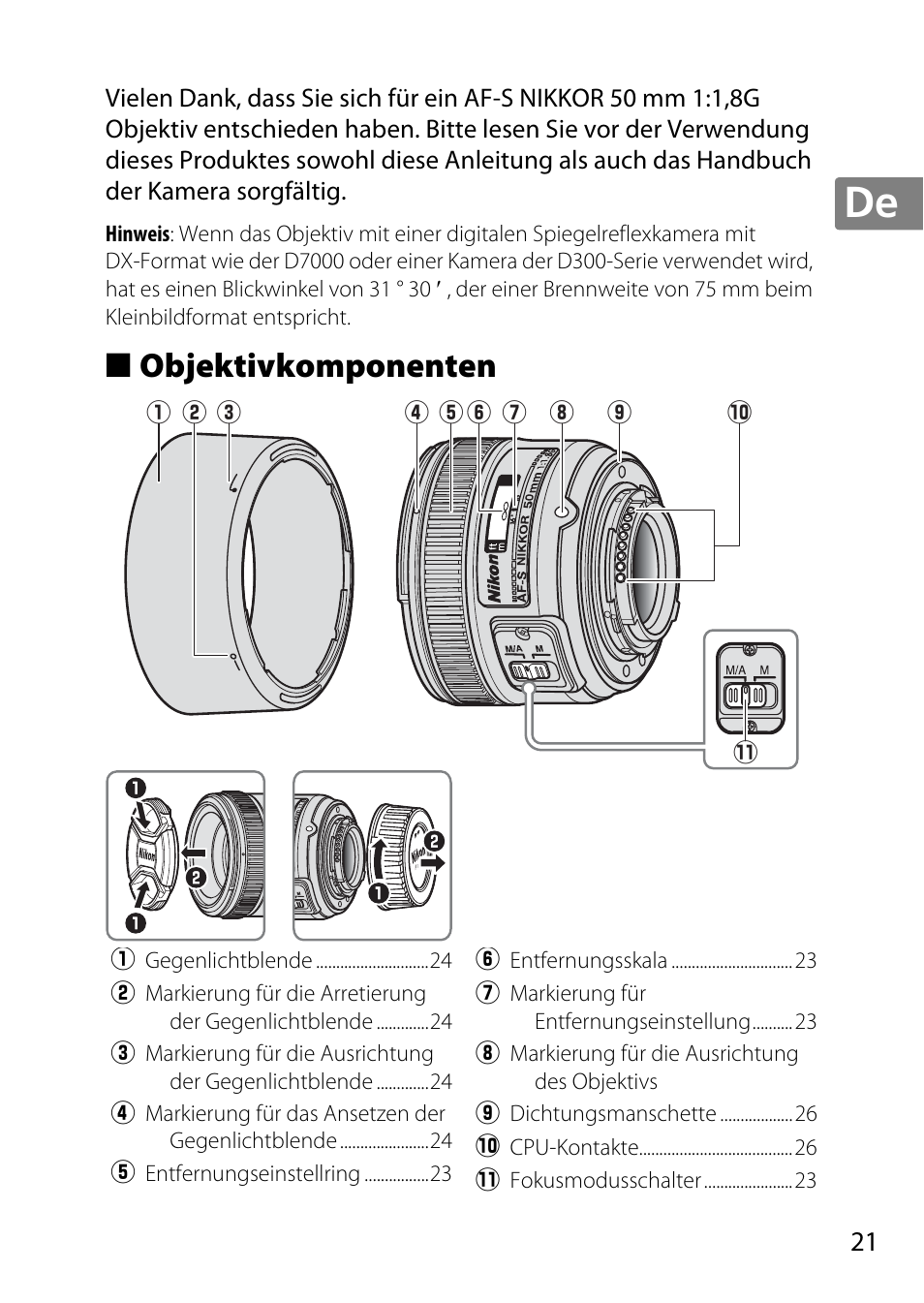 Objektivkomponenten | Nikon 50mm-f-18G-AF-S-Nikkor User Manual | Page 21 / 164