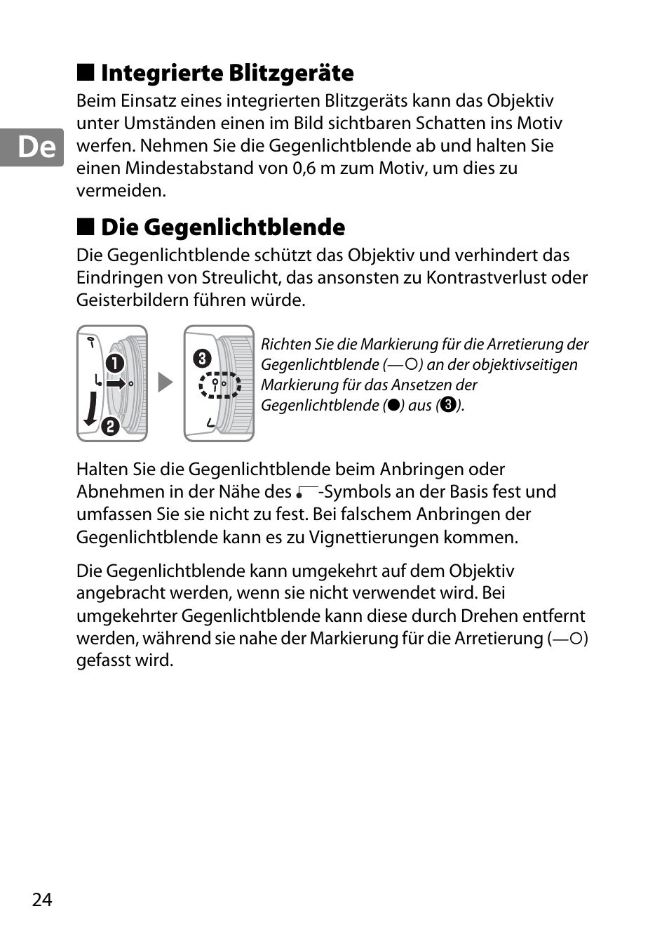 Integrierte blitzgeräte, Die gegenlichtblende | Nikon 50mm-f-18G-AF-S-Nikkor User Manual | Page 24 / 164