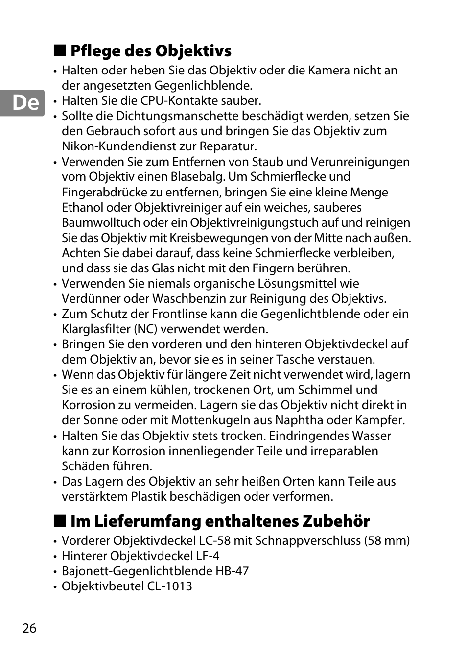 Pflege des objektivs, Im lieferumfang enthaltenes zubehör | Nikon 50mm-f-18G-AF-S-Nikkor User Manual | Page 26 / 164