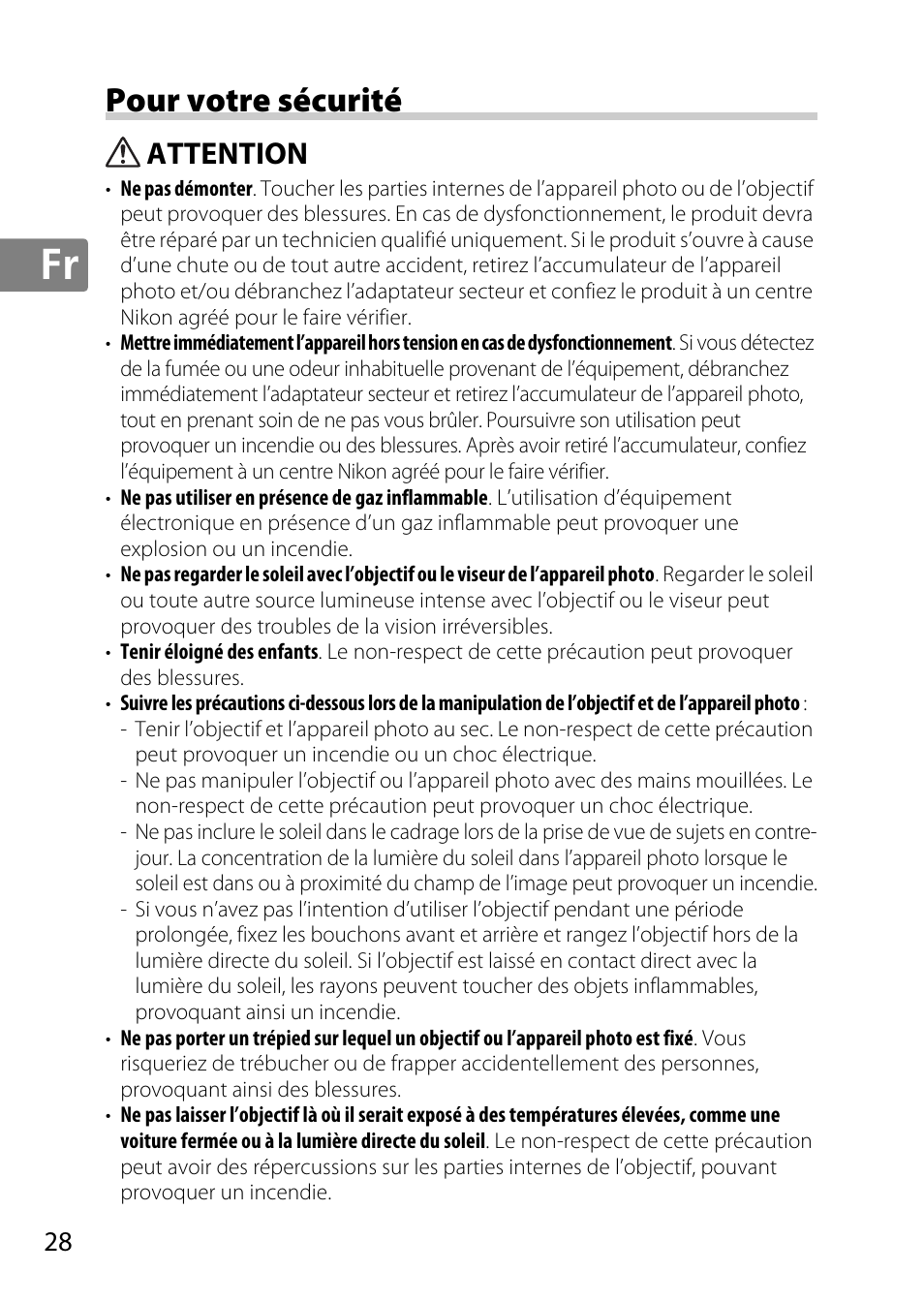 Pour votre sécurité, Attention | Nikon 50mm-f-18G-AF-S-Nikkor User Manual | Page 28 / 164
