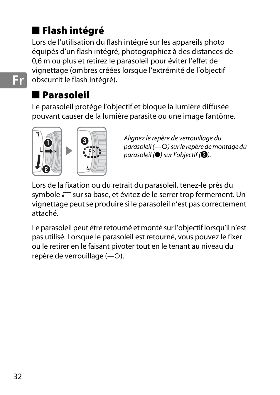 Flash intégré, Parasoleil | Nikon 50mm-f-18G-AF-S-Nikkor User Manual | Page 32 / 164