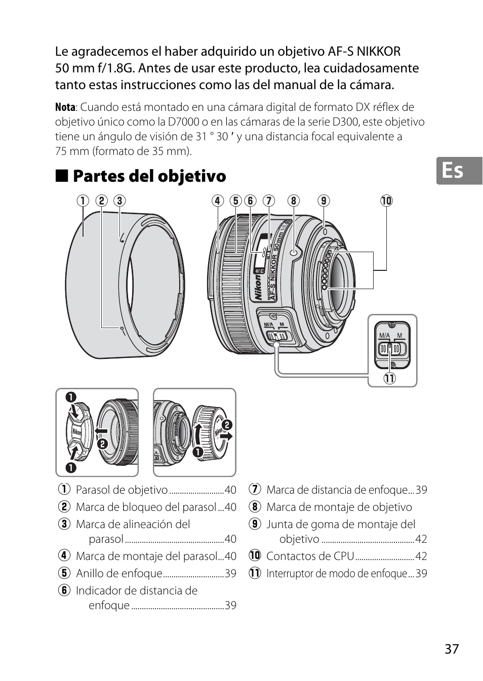Partes del objetivo | Nikon 50mm-f-18G-AF-S-Nikkor User Manual | Page 37 / 164
