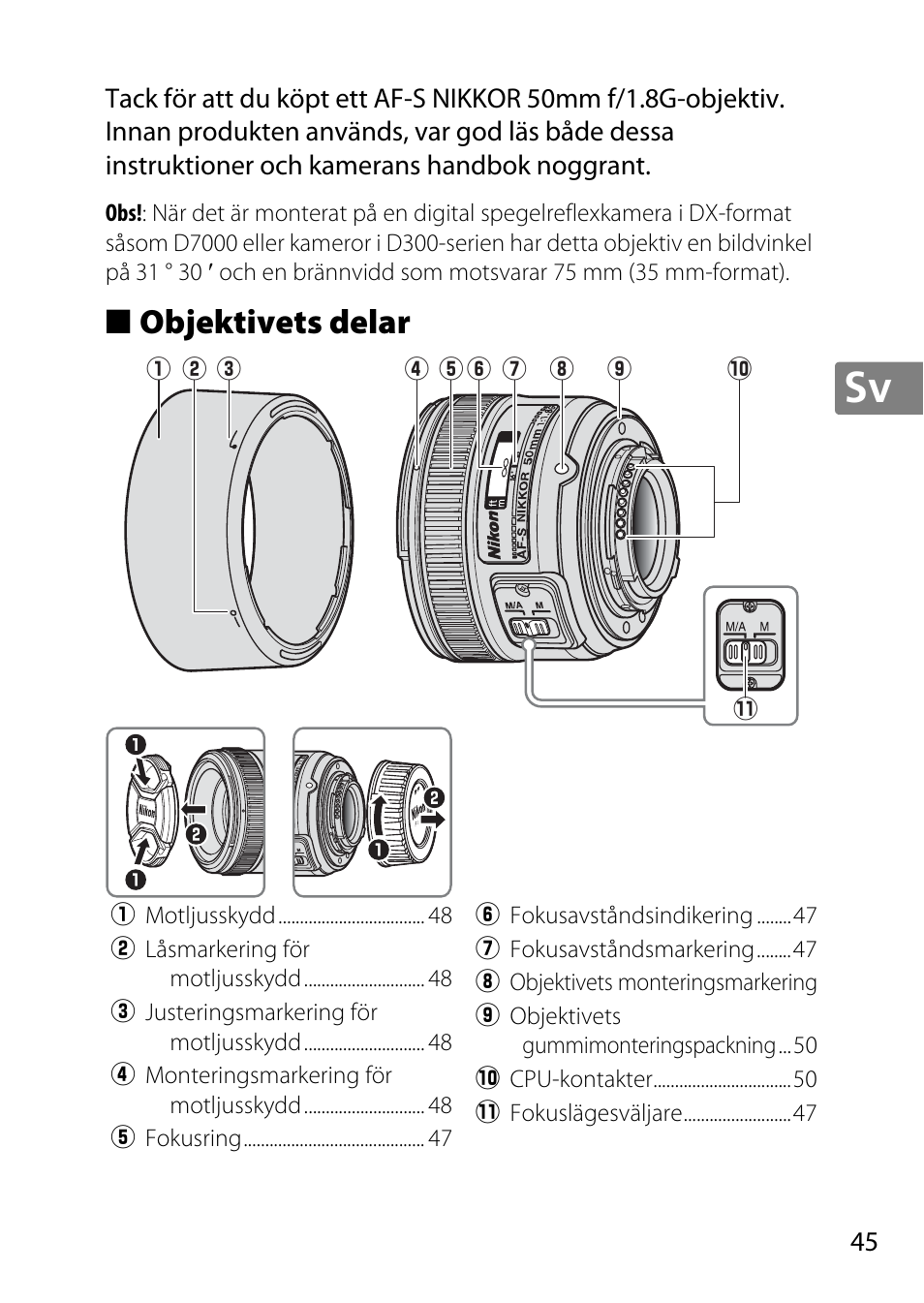 Objektivets delar | Nikon 50mm-f-18G-AF-S-Nikkor User Manual | Page 45 / 164