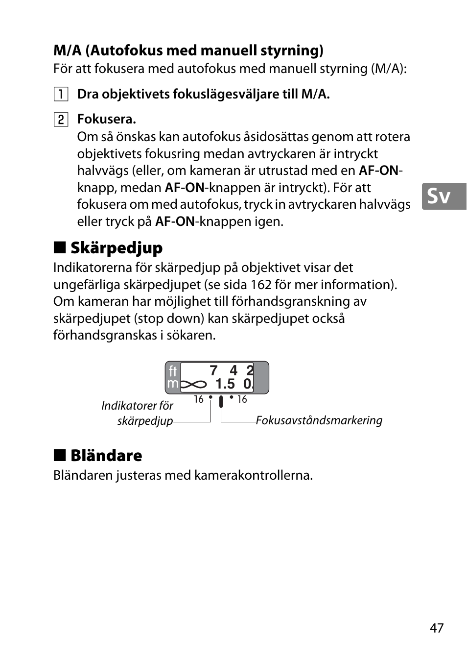 M/a (autofokus med manuell styrning), Skärpedjup, Bländare | Nikon 50mm-f-18G-AF-S-Nikkor User Manual | Page 47 / 164