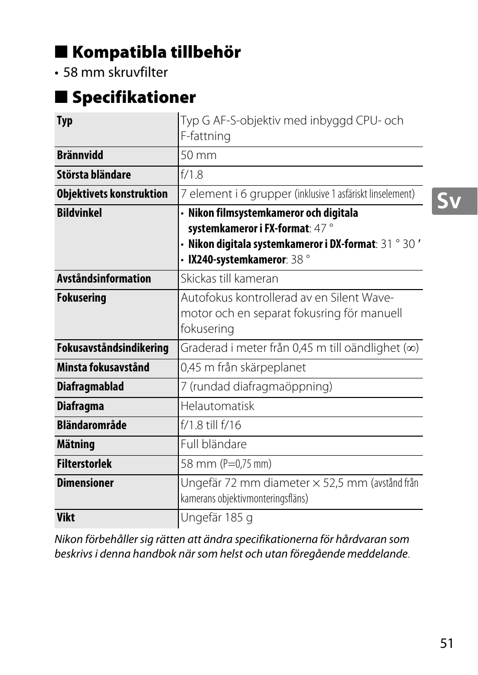 Kompatibla tillbehör, Specifikationer | Nikon 50mm-f-18G-AF-S-Nikkor User Manual | Page 51 / 164