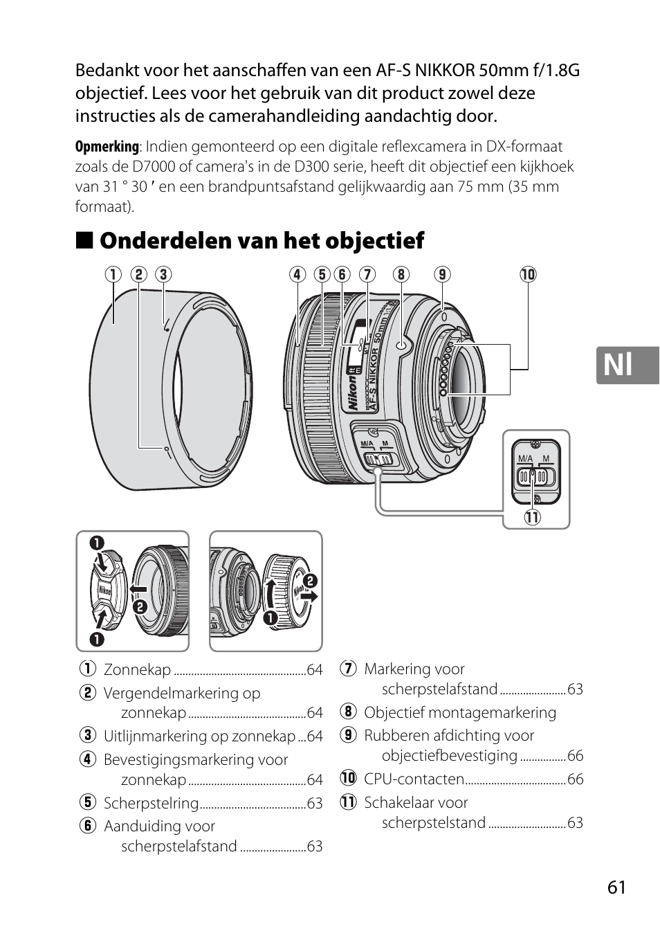 Onderdelen van het objectief | Nikon 50mm-f-18G-AF-S-Nikkor User Manual | Page 61 / 164