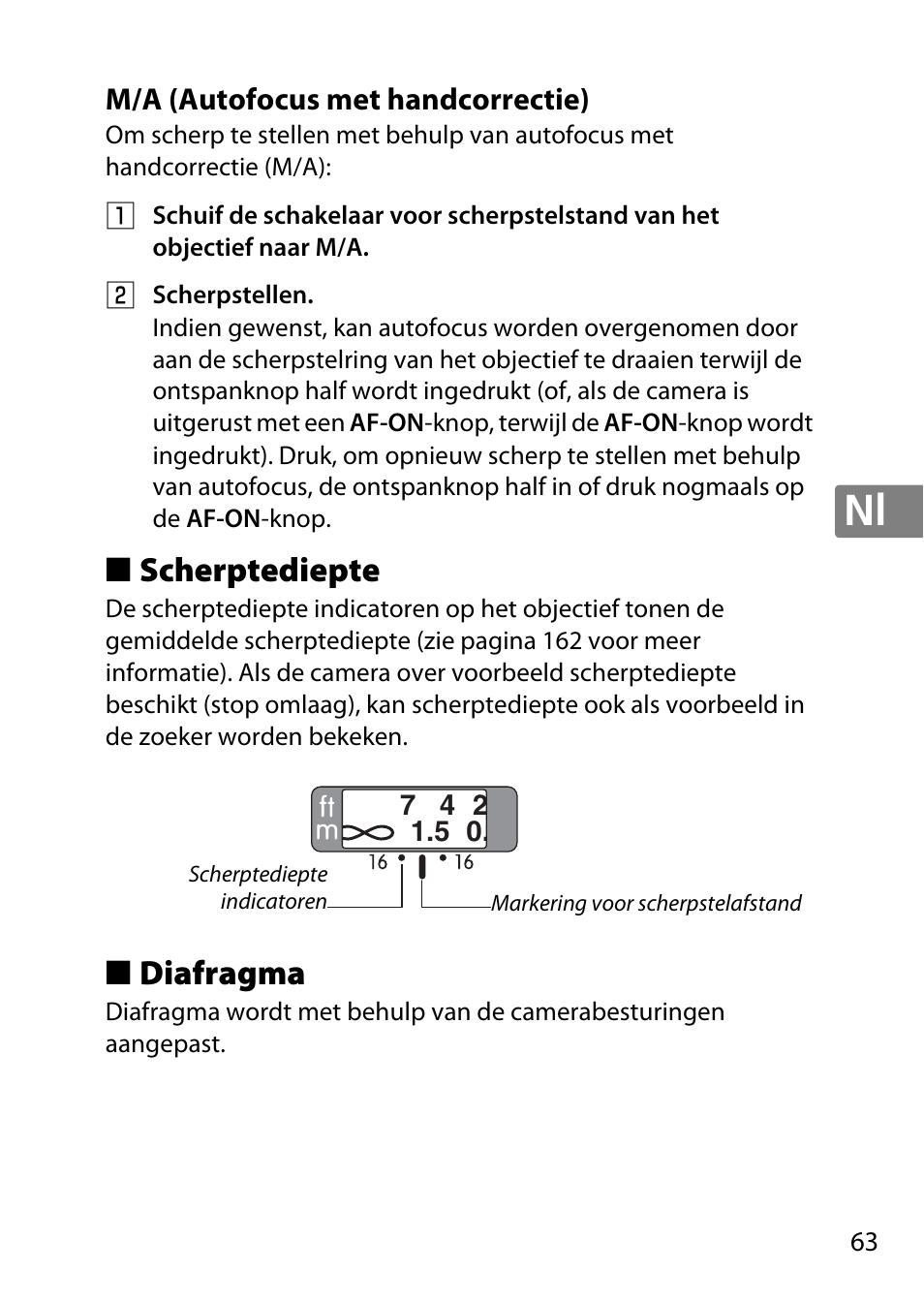 M/a (autofocus met handcorrectie), Scherptediepte, Diafragma | Nikon 50mm-f-18G-AF-S-Nikkor User Manual | Page 63 / 164