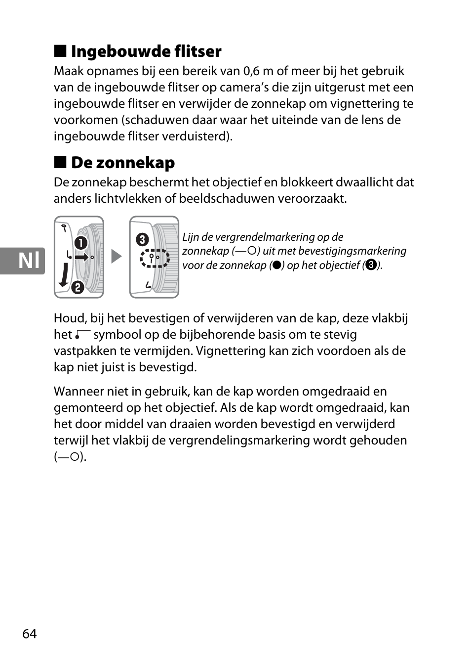 Ingebouwde flitser, De zonnekap | Nikon 50mm-f-18G-AF-S-Nikkor User Manual | Page 64 / 164