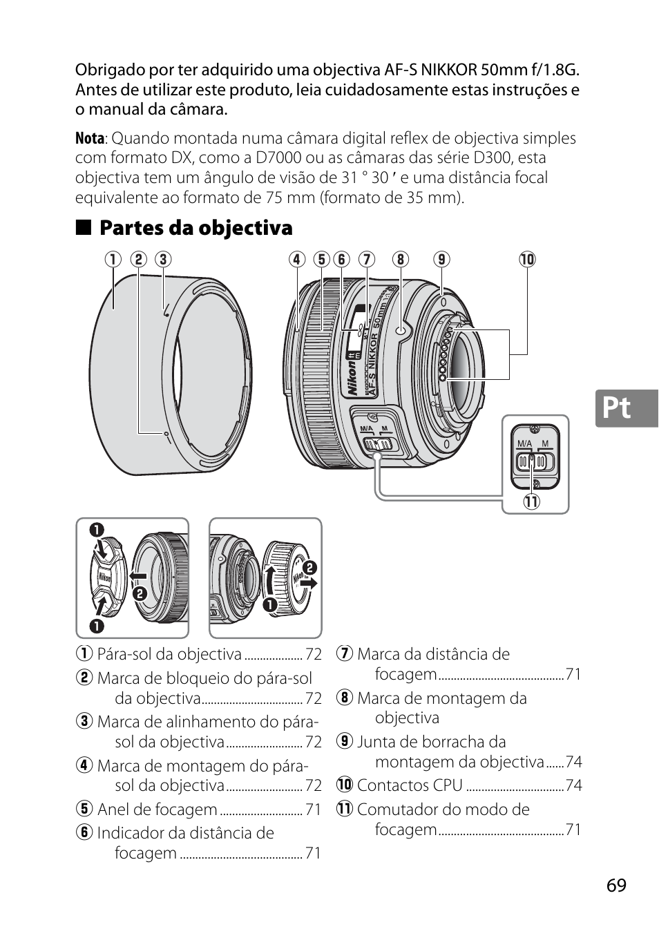 Partes da objectiva | Nikon 50mm-f-18G-AF-S-Nikkor User Manual | Page 69 / 164