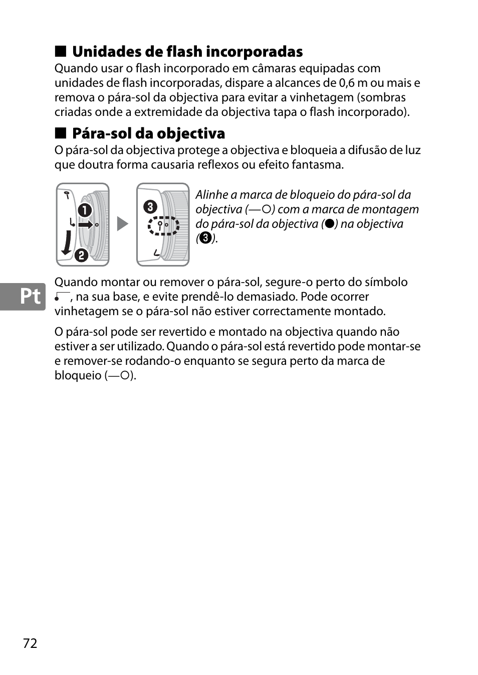Unidades de flash incorporadas, Pára-sol da objectiva | Nikon 50mm-f-18G-AF-S-Nikkor User Manual | Page 72 / 164