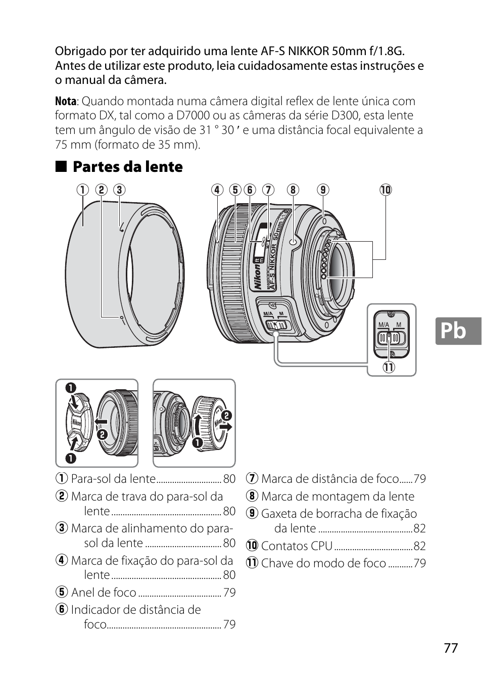 Partes da lente | Nikon 50mm-f-18G-AF-S-Nikkor User Manual | Page 77 / 164