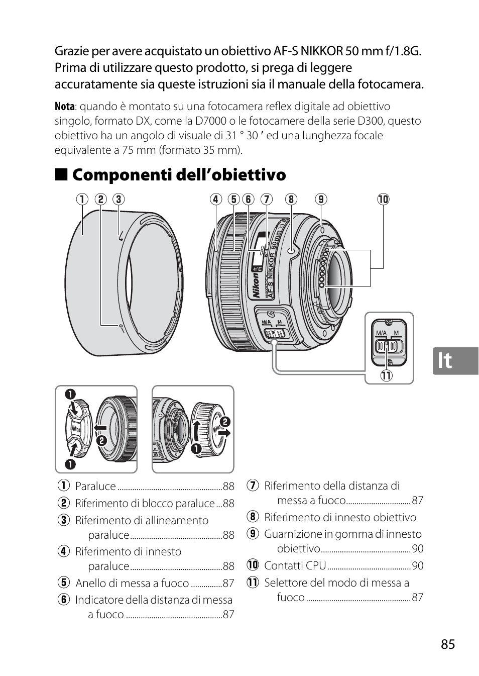 Componenti dell’obiettivo | Nikon 50mm-f-18G-AF-S-Nikkor User Manual | Page 85 / 164